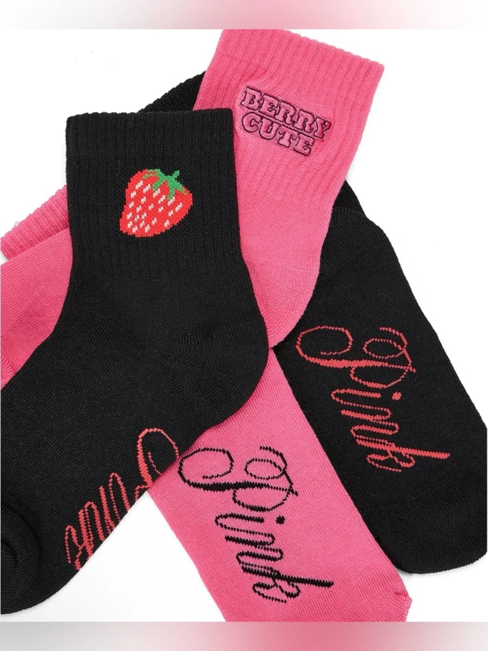 PINK Victoria's Secret “Berry Cute” Pink & Black 2-Pack Quarter Socks- New